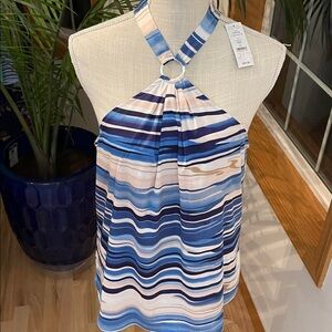 White House Black Market Blue and Cream Striped Halter Blouse